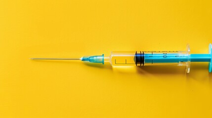 Clear close-up of a syringe featuring a blue needle, sharply isolated on a vibrant yellow backdrop under studio lighting