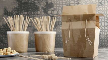 A brown craft paper lunch bag package for takeaway Chinese food. A 3D carton square container mockup for candy branding.