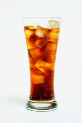 A glass of chilled drink with ice cubes on a white background.