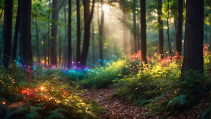 Ethereal Woods, Rainbows adorn magical forest.