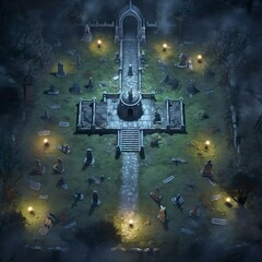 DnD Battlemap Ghostly Cemetery with Fading Moonlight - Eerie graveyard under dim moonlight.