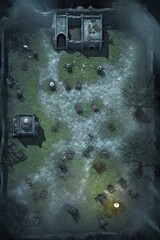 DnD Battlemap Graveyard under a full moon concept art: Heroic fantasy landscaping.