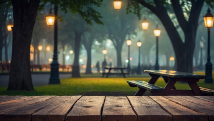 Evening Park Ambiance, Wooden Table Amidst Foggy Park, Softened Background