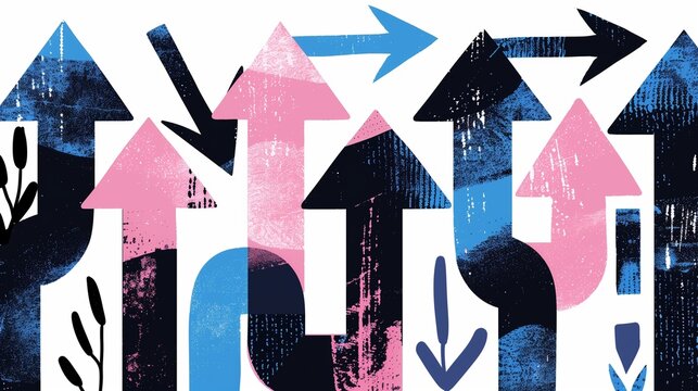 A dynamic and colorful illustration of multiple arrows pointing in various directions, symbolizing strategic choices, decision-making processes, and diverse options in a conceptual and stylized manner