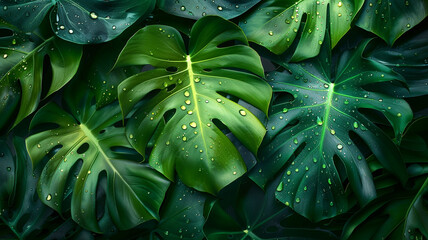 Obraz premium Tropical monstera leaves with water drops on dark green background