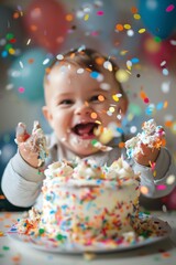 A baby celebrating his first birthday with cake and confetti, centered with a bright, joyful atmosphere