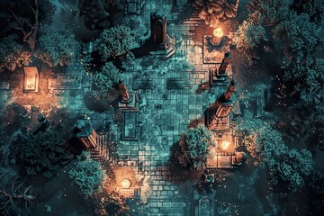DnD Battlemap moonlit, graveyard, eerie, night, tombstones, trees