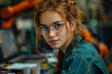 A female engineer with glasses focuses on high-tech robotics, highlighting diversity and skill in technology