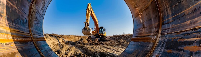 An excavator digging soil framed within a large pipe, dynamic wideangle perspective under clear...