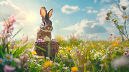 Easter bunny rabbit holding a basket of chocolate easter eggs in a beautiful spring meadow full of...