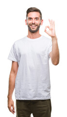 Naklejka premium Young handsome man over isolated background smiling positive doing ok sign with hand and fingers. Successful expression.