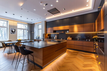 A contemporary Warsaw apartment kitchen, with polished oak wooden floors, modern European cabinetry, minimalist decor, and smart home technology, reflecting Polanda??s blend of history and modernity.