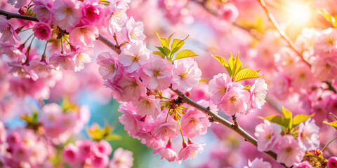 Cherry Tree in Full Bloom with Vibrant Pink Blossoms Closeup Shot
