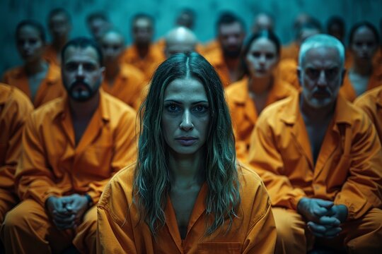 A woman stands out with a defiant look among inmates in orange uniforms, representing determination and resilience