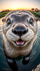  A Painting of a Fisheye Sunset Encounter: Otter's Grin Reflects a Celestial Canvas