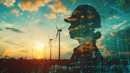 The silhouette of a woman wearing a hard hat with a wind farm in the background. - obrazy, fototapety, plakaty