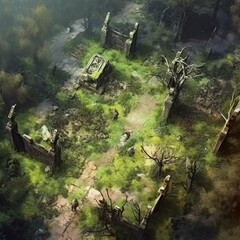 DnD Battlemap zombie, outbreak, consuming, secluded, overgrown, area