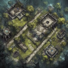 DnD Battlemap zombie, outbreak, devouring, secluded, overgrown, area