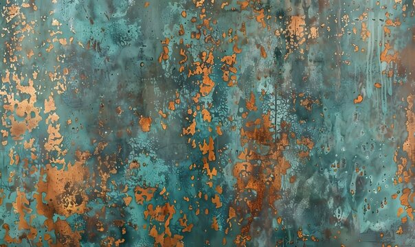 Seamless oxidized copper patina sheet metal wall panel grunge background texture, Generative AI