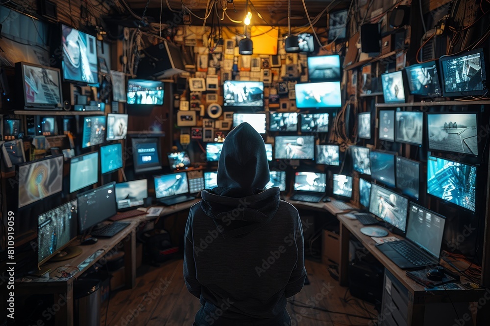 Poster in a room packed with an array of screens, a person is attentively watching, surrounded by a tech-he