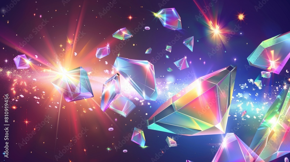 Poster modern overlay of crystal rainbow light flare. diamond prism sparkle with optical iridescent refract