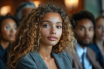 Fototapeta premium Attentive young woman with curly hair and a casual outfit at a seminar