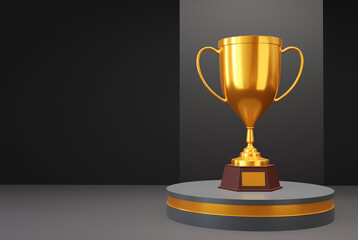 Gold trophy cup stand on round podium. 3d-rendering
