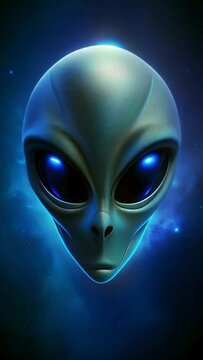 Animation of an alien&rsquo;s head isolated on a blue background, close-up.