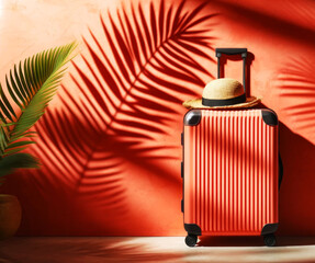 Tropical Travel Vibes with Red Suitcase and Straw Hat