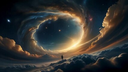 Animation of outer space surrounded by floating and swirling clouds against the background of a shapeless earth.