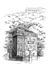 Illustration of a portrait of the house of the architect Kazansky (Kyiv). Built in 1909, demolished in 2010. Pen sketch converted into vector form.