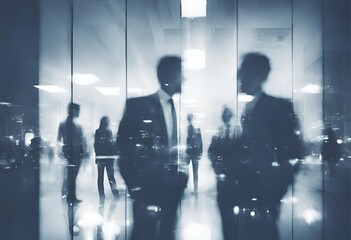 Business Executives and Urban Lights in Tandem Double exposure business people in a white glass office setting, creatively blurred to perfection Night time