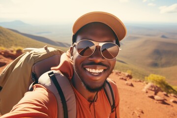 A happy young man wearing sunglasses and a backpack, taking a selfie on a hiking adventure Fictional Character Created By Generative AI. 