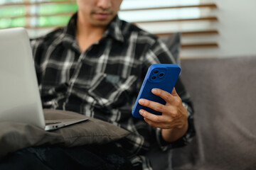 Male freelancer working with laptop and using mobile phone on couch at home