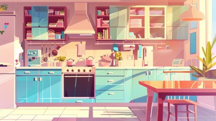 An illustration of a modern kitchen interior with a glistening sun shining through a large window, dishes on cabinets, a table, a fridge, a cooker, and an oven.