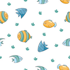 Naklejka premium Cartoon aquatic animals. Seamless pattern. Fish characters underwater world. Marine life. Vector drawing. Design ornaments.