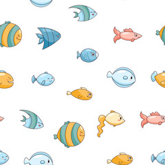 Cartoon aquatic animals. Seamless pattern. Fish characters underwater world. Marine life. Vector drawing. Design ornaments.