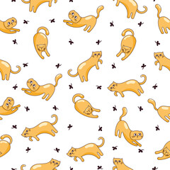 Cute funny cat. Seamless pattern. Kitten character cartoon. Vector drawing. Design ornaments.