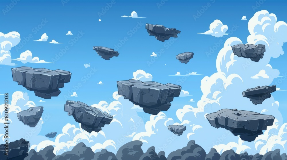 Poster floating islands of grey stone in blue sky with clouds for level ui design. cartoon stone pieces for
