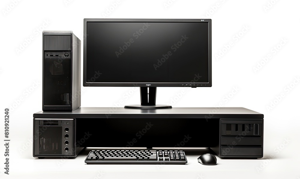 Poster a computer monitor and keyboard sit on a desk. the monitor is black and the keyboard is black and wh