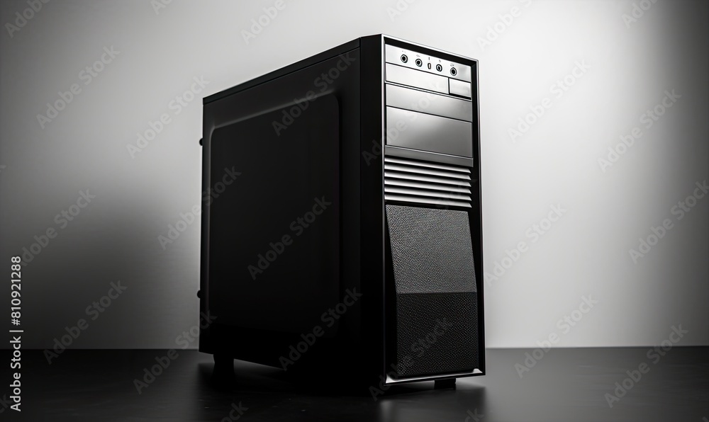Poster a computer monitor and keyboard sit on a desk. the monitor is black and the keyboard is black and wh