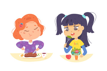 Kids eat food set vector illustration. Healthy and unhealthy food. Vegetarian vs meat eater. Cartoon girls eating lunch or dinner. Happy young people with vegetable salad and meat isolated on white