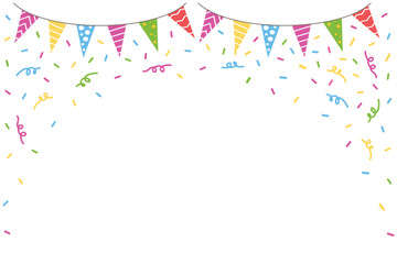 Happy birthday background. Holiday banner with colorful pennants garland and confetti. Kids party greeting card. Cartoon vector poster template for birthday celebration isolated on transparent © backup_studio