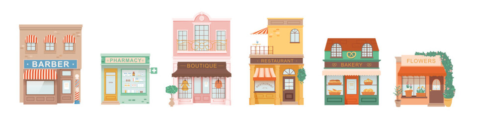 City shopping building illustrations set. Exterior facades and storefronts of pharmacy, barber shop, boutique, restaurant, cafe, bakery, flowers. Small business entity. Shopping commerce trade