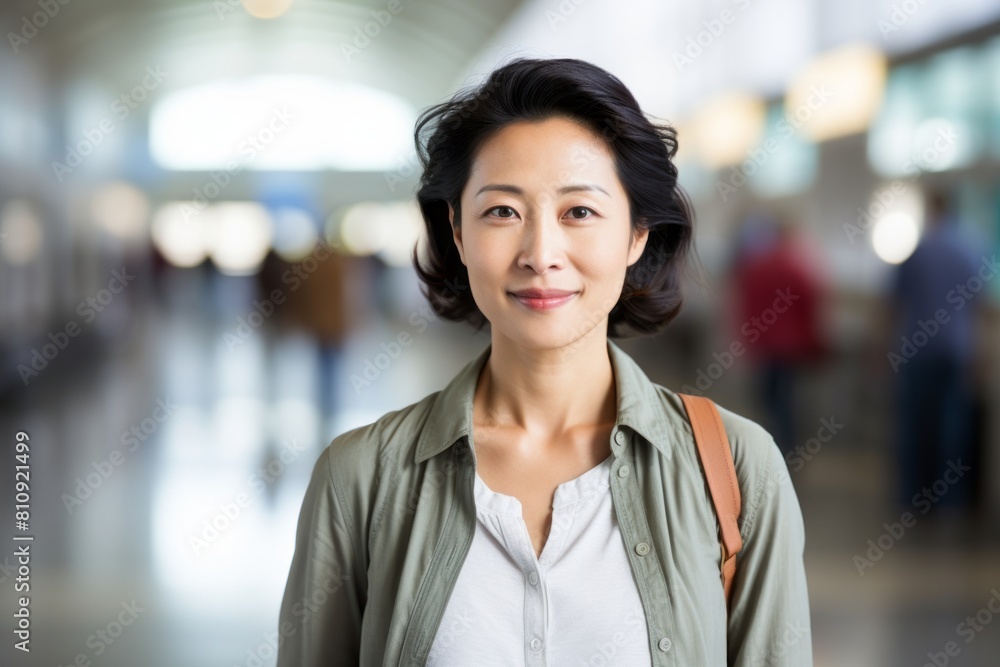 Wall mural Portrait of a glad asian woman in her 40s wearing a simple cotton shirt in bustling airport terminal