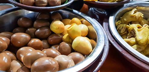 dishes served in Indonesian food Liwet Rice. Traditional javanese Rice Served with Chicken, Tofu, Tempeh, vegetable, Chili, egg