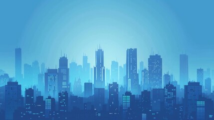 Blue panoramic metropolis environment concept with flat building skyline modern background. Urban business skyscraper panorama. City scape with office in downtown outdoor game illustration.