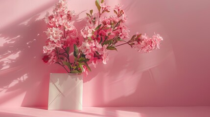 An elegant arrangement of flowers and an envelope on a pink background, with room for custom text, isolated and studio-lit