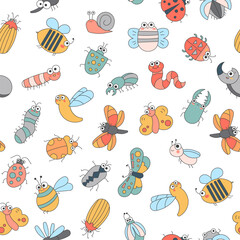 Cute insects cartoon characters. Seamless pattern. Funny small animals. Vector drawing. Design ornaments.