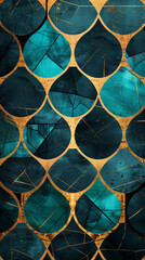 A background with a pattern of geometric shapes in shades of teal, gold, and black, a sophisticated and modern feel.